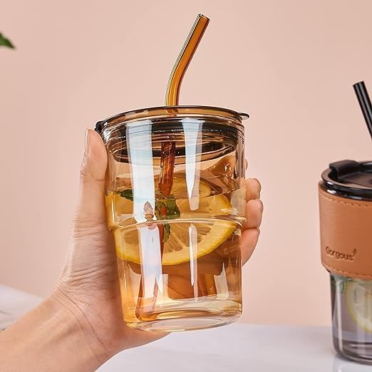 Drining Coffee Sipper with Lid and Glass Straw with Anti-Slip Leather Sleeve