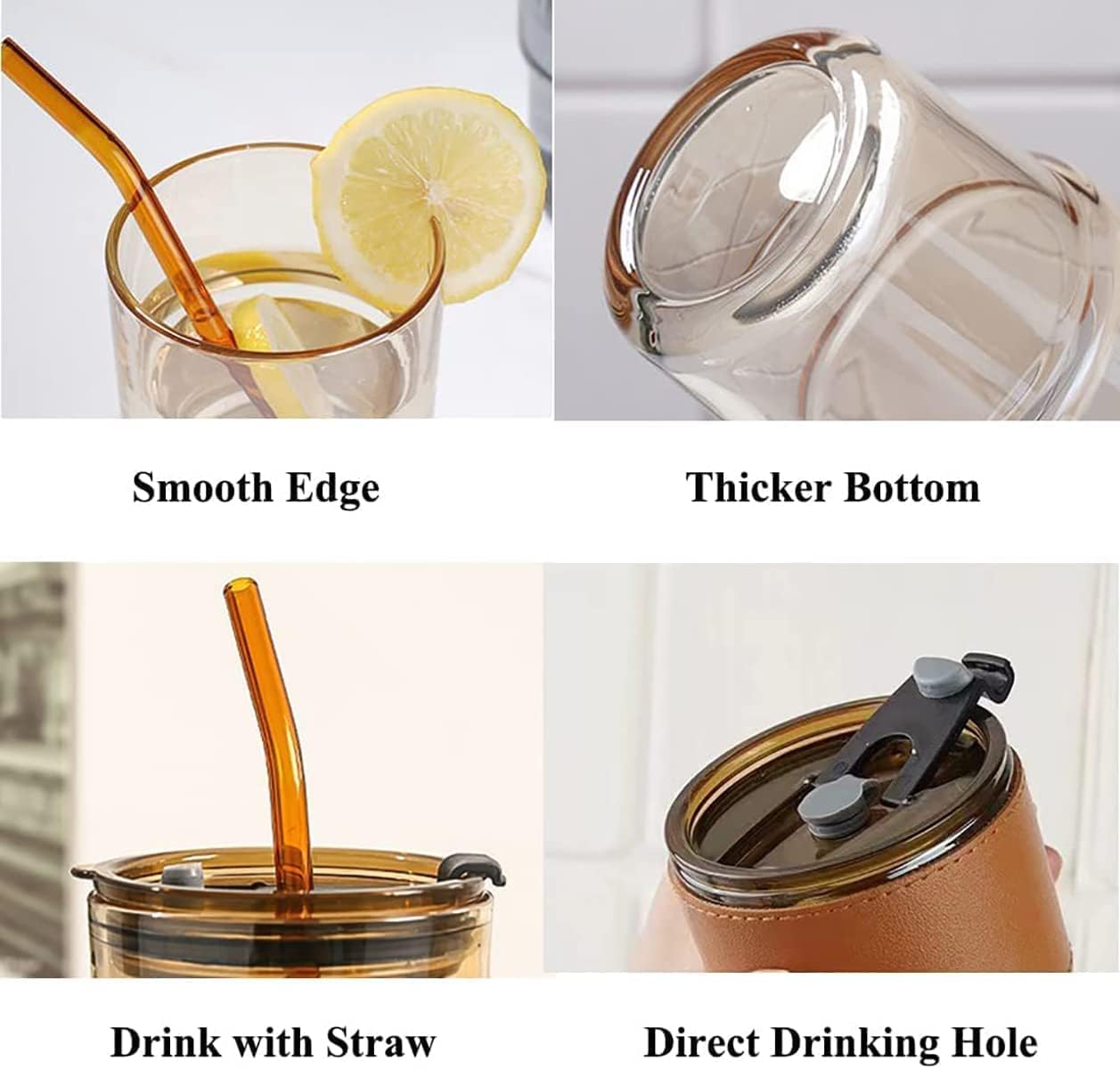 Drining Coffee Sipper with Lid and Glass Straw with Anti-Slip Leather Sleeve