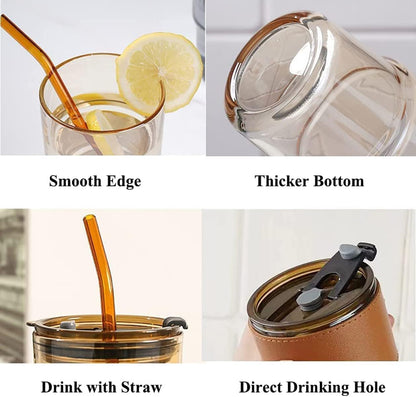 Drining Coffee Sipper with Lid and Glass Straw with Anti-Slip Leather Sleeve