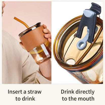 Drining Coffee Sipper with Lid and Glass Straw with Anti-Slip Leather Sleeve