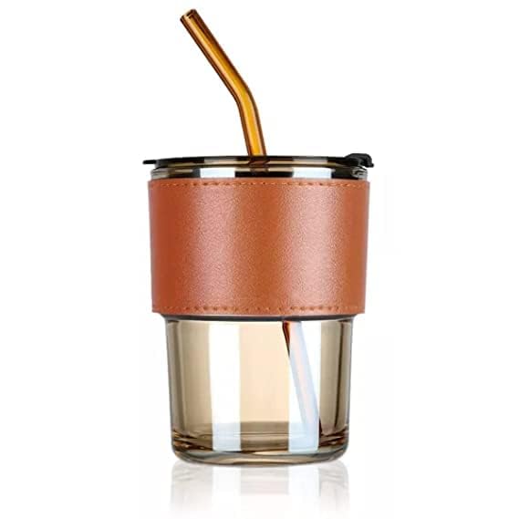 Drining Coffee Sipper with Lid and Glass Straw with Anti-Slip Leather Sleeve